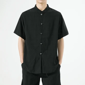 בסגנון סיני Hanfu חצי שרוולים לגברים החולצה באיכות גבוהה כותנה קיץ חולצה תכונות דיסק לחצן צבע טהור העליון בגדי גברים