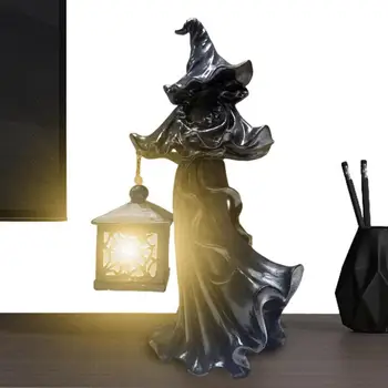 שרף חדש המכשפה פנס עם אור נרות קישוט Hellbringer ליל כל הקדושים קישוט פנים רוח פסל על החיצוניות גן