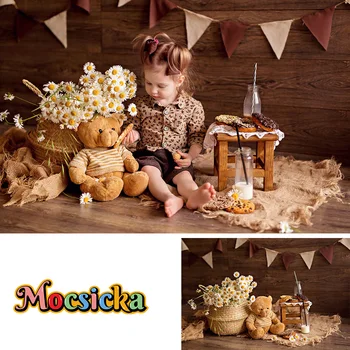 המפלגה קישוט צילום רקע באנר קטן דייזי צעצוע של דובי קינוח עץ חום רקע התינוק ילדים ילדה התמונה